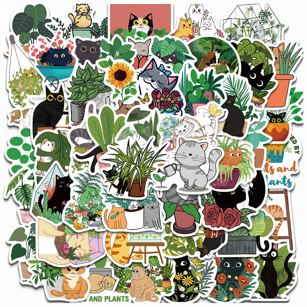 50PCS Cartoon Cats and Plants Stickers Green Healing System Decals For Luggage Laptop IPad Skateboard Journal Gift Waterproof