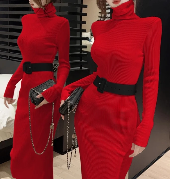 Elegant Turtleneck Long Sleeve Knit Soft Tight Pencil Dress with Belt Slim Fashion Warm Sweater Vestido Sexy Women Winter Robe
