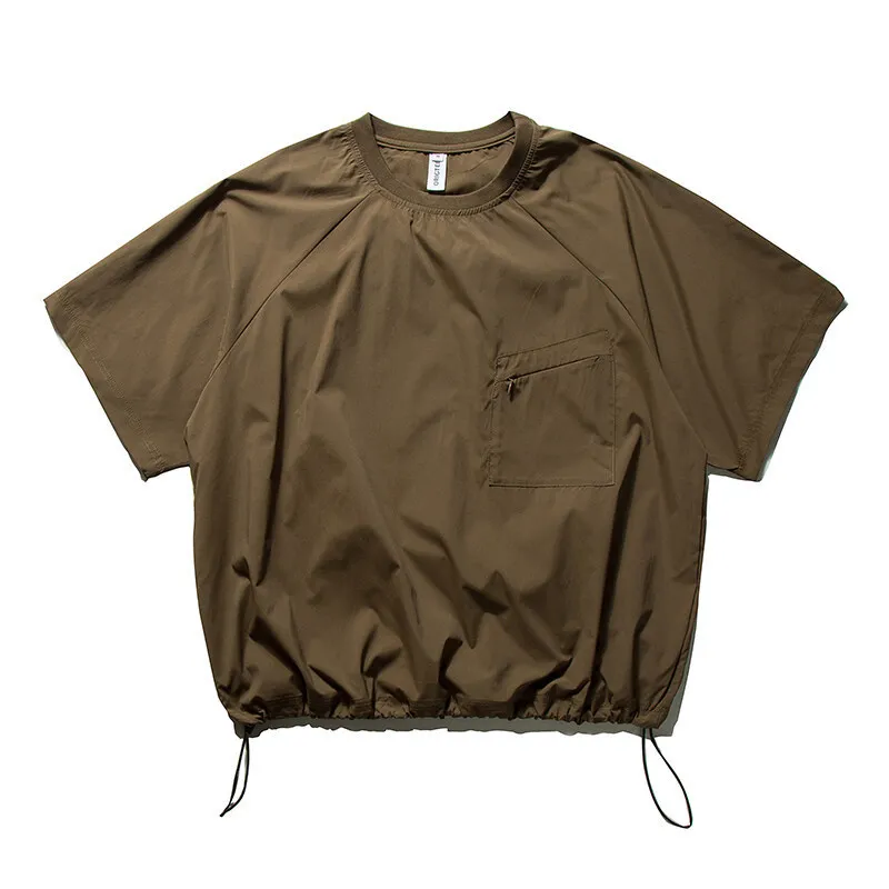 Summer Trendy Outdoor Quick Drying T-shirt Men Adjustable Tie Hem Short Sleeved Top Japanese Loose Casual Chest Pocket T-shirts