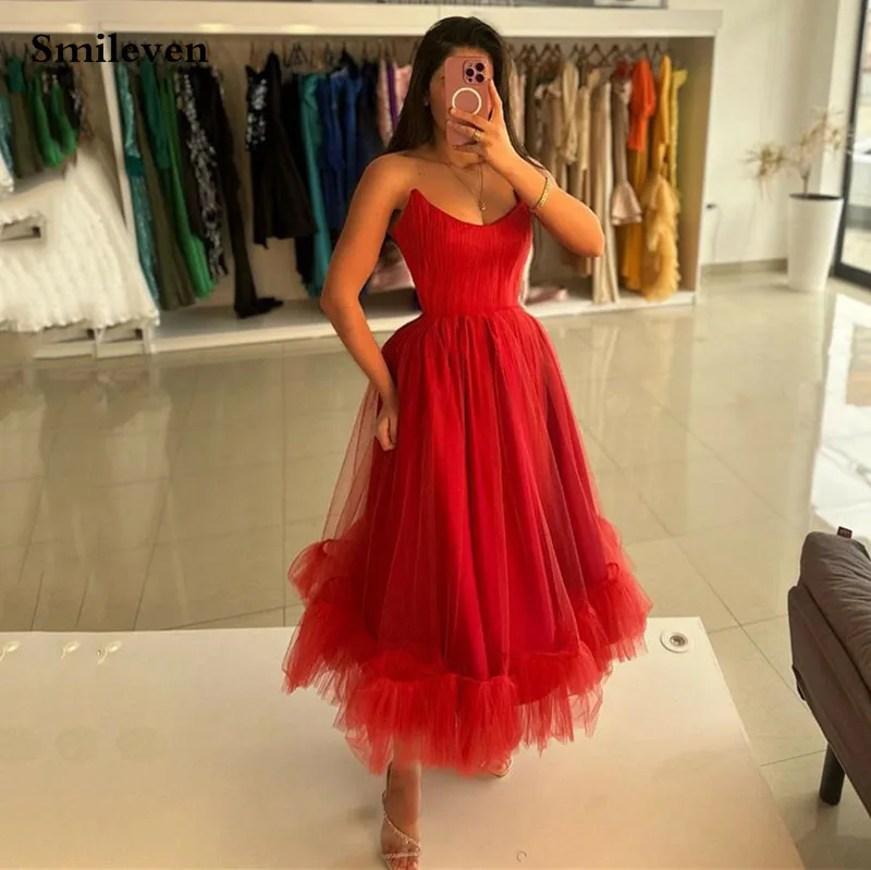 

Smileven Ankle Length Red Prom Dress Women Evening Strapless V Neck Lady robe de soirée Side Split Bidycon Party Gowns