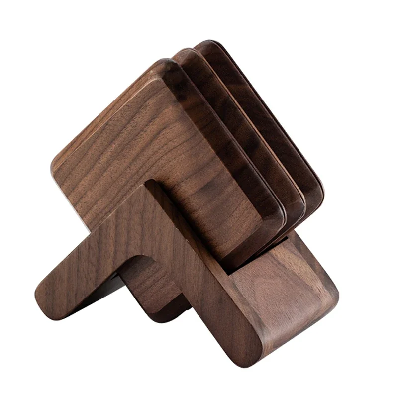 6Pcs Wood Coaster Set with Holder Square Wooden Drink Coasters Cup Mats Black Walnut Coffee Coaster Placemats Table Accessories