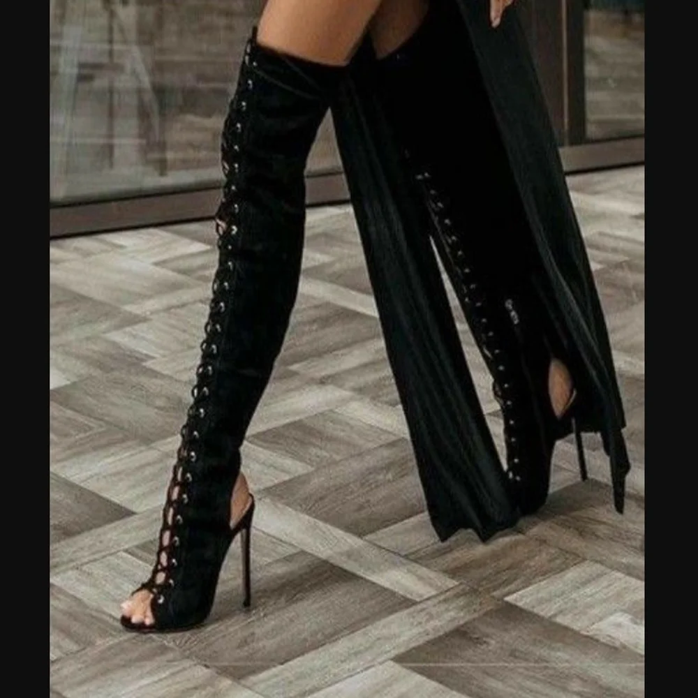 

Black Peep Toe Cross Tied Boots Over The Knee Round Toe High Heel Shoes for Women High Heel Fashion 2023 New Zapatillas Mujer