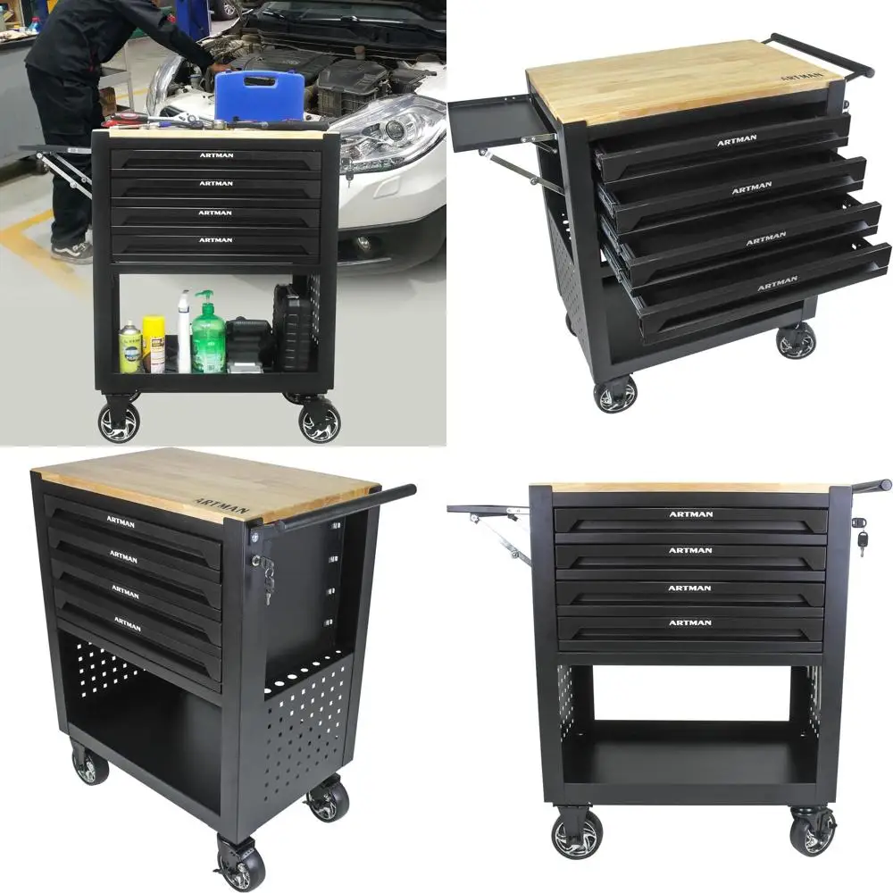 

Портативный сундук для инструментов на колесиках с деревянной столешницей, регулируемыми полками и запираемой системой для хранения в гараже и мастерской.