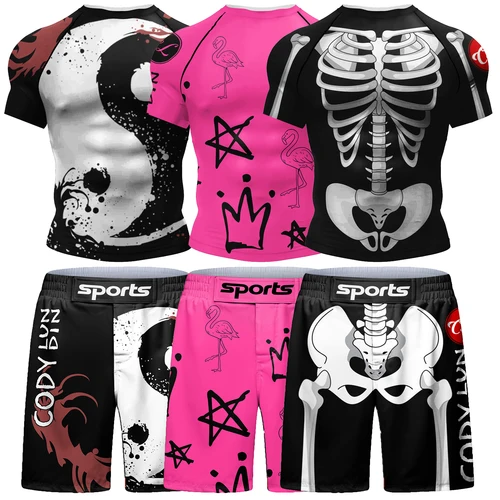 Imagen 2 del producto Ropa de Surf en la playa Popular, conjuntos cortos para jiu jitsu Bjj No Gi Rashguard + pantalones cortos de agarre, ropa elástica para correr y gimnasio Westling