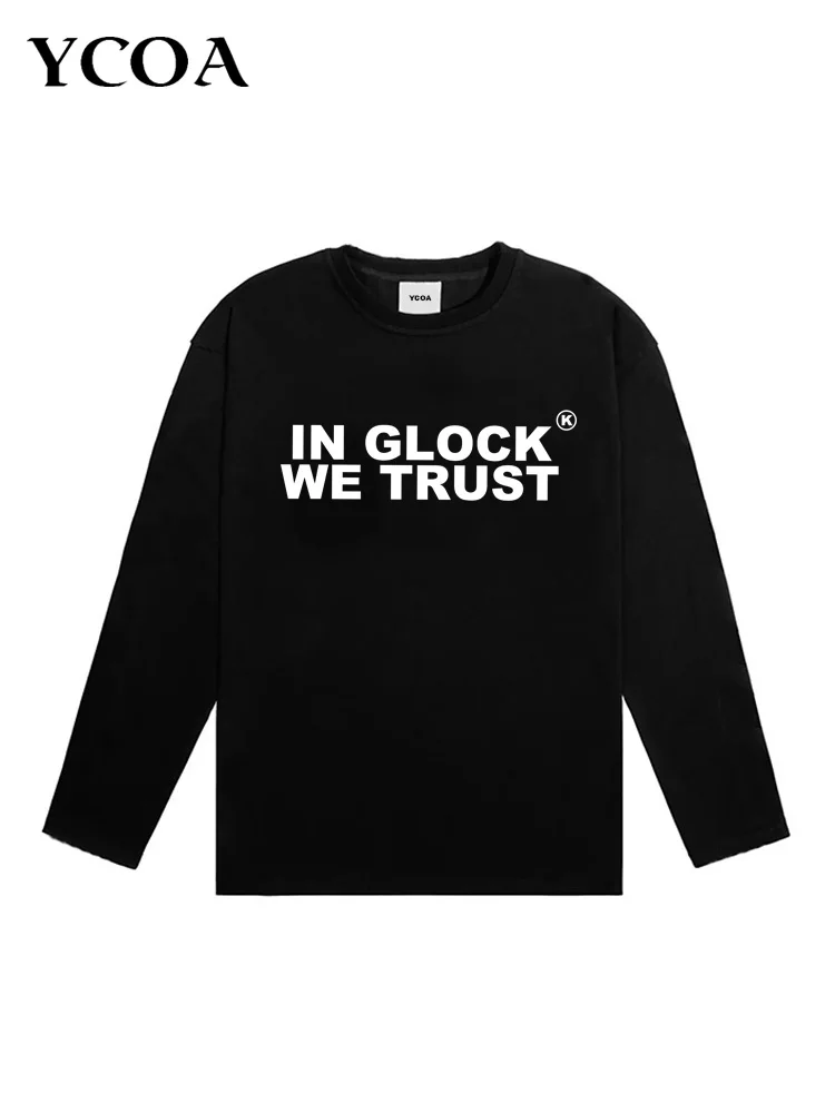 Männer T-Shirt IN GLOCK WE TRUST Langarm Baumwolle Grafik Übergroße Koreanische Mode Langarm Tops Tees Y2k Streetwear Kleidung