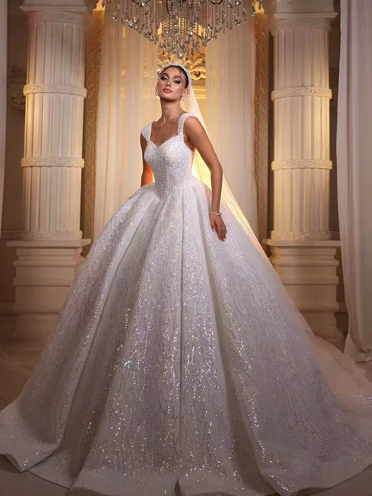Luxuriöses Hochzeitskleid, vollständig mit Perlen verziert, Ballkleid, ärmellos, herzförmiger V-Ausschnitt, Brautkleid, maßgeschneidert, glitzernd, Vestido De Novia