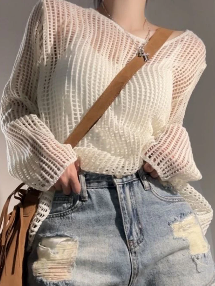 Pullovers for Women Solid Hollow Out Thin Summer Sun-proof Design O-neck Korean Style Fashion Loose Cozy Casual All-match Свитер