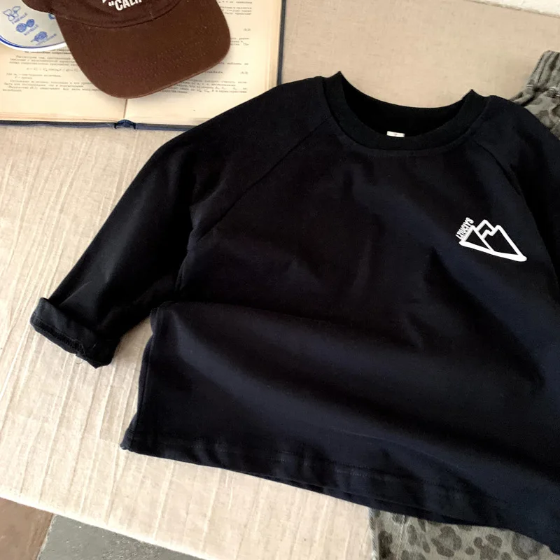 الأولاد تي شيرت 2025 الخريف الربيع الكورية نمط الاطفال ملابس موضة طباعة تنوعا قاعدة طبقة سوداء طويلة الأكمام بلايز #4