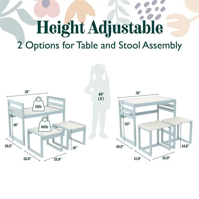 어린이 활동 테이블 세트 - 놀이와 학습을 위한 3피스 가구, 유아 및 어린이 방에 이상적, 재미있고 흥미로운 디자인