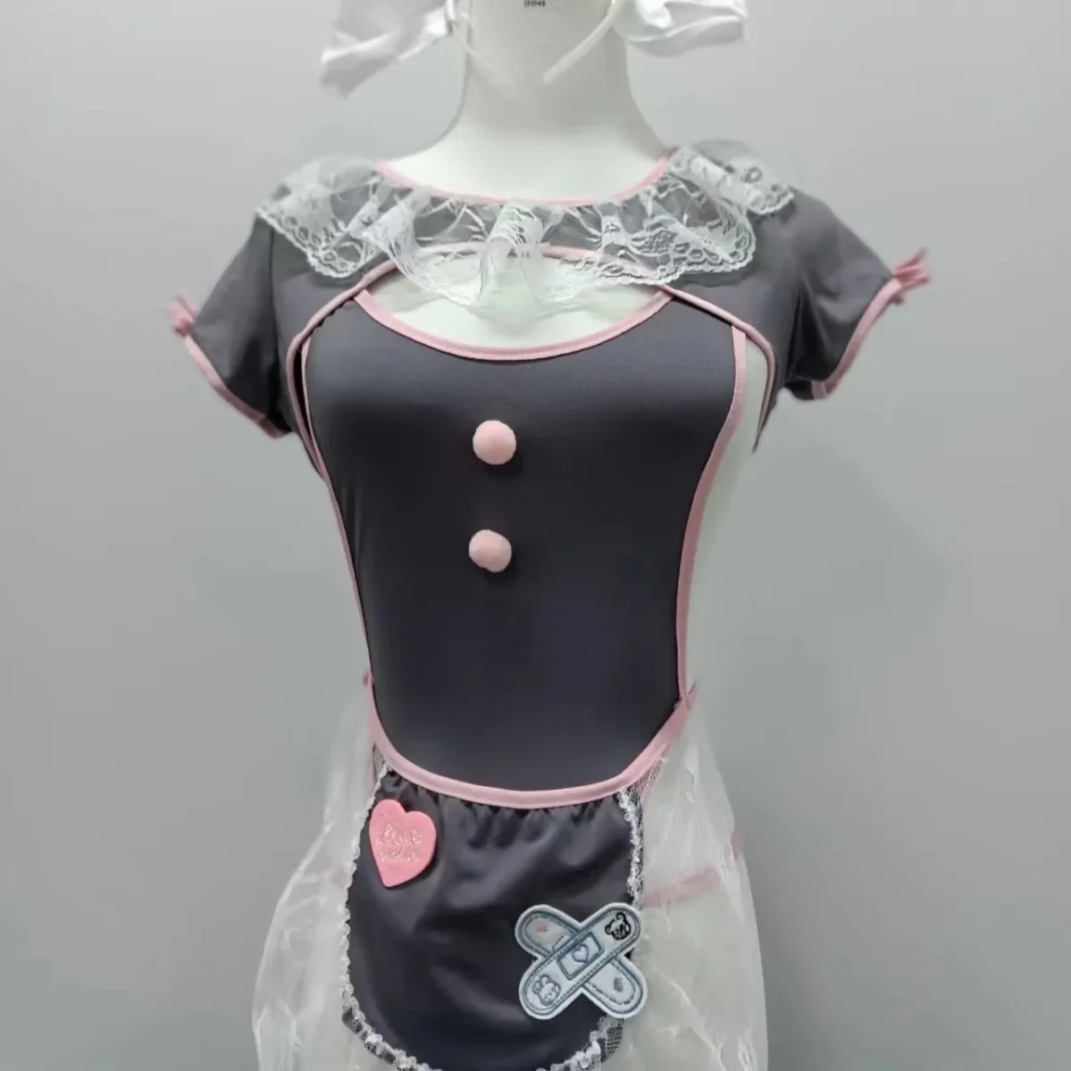 Lingerie sexy empregada doméstica uniforme de renda de uma peça tentação puro desejo para evitar desengordurando virilha terno doce.