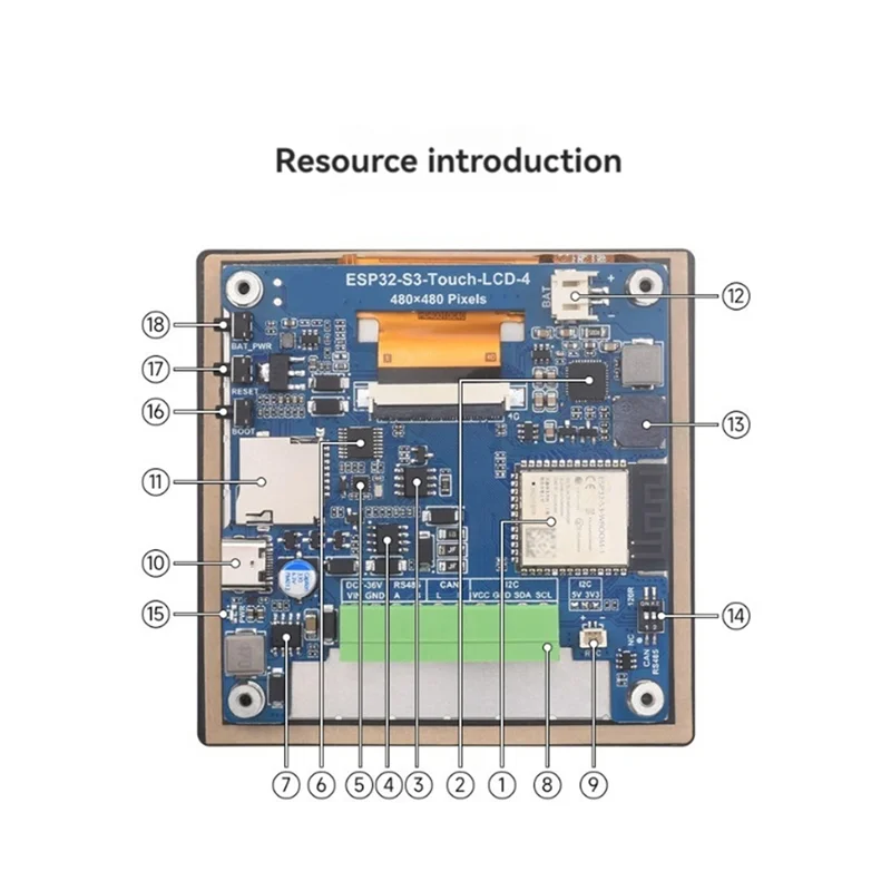 

-A25M ESP32-S3 4-дюймовая плата для разработки сенсорного экрана с квадратной емкостью 480X480 Wi-Fi Bluetooth HMI/LVGL GUI