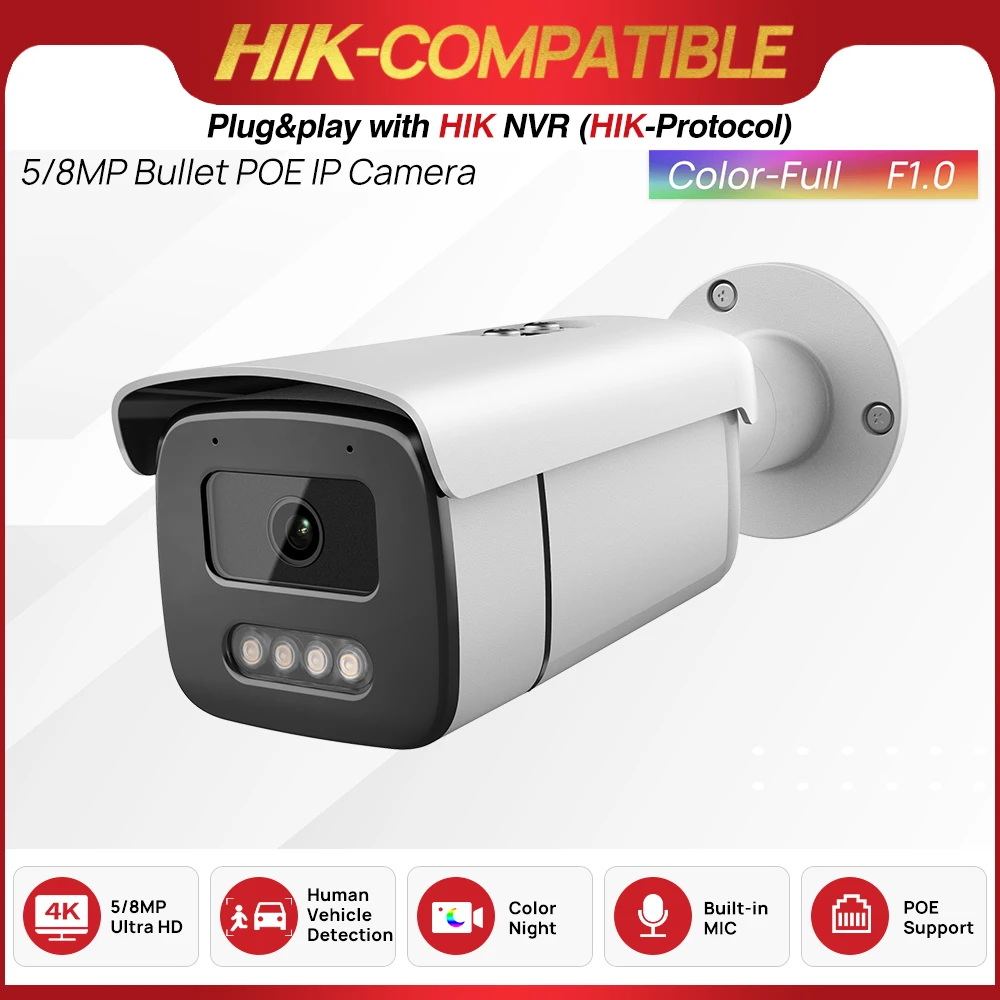  4K Full Color Night Camera 8MP ColorVu Bullet Security Camera 5MP PoE Built-in Mic Video Surveillance Hikvision Protocol