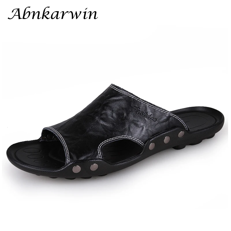 Men Leather Slippers Slides Summer Casual Slip On Shoes Flats Breathable Hot Sale Cheap