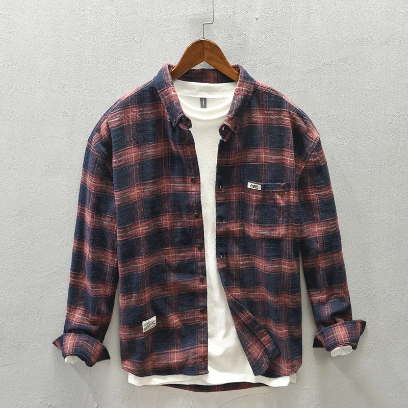 

Autumn Men Plaid Shirts Casual Classical Daily Cotton Lapel Pocket Decoration Comfortable Fashion Long Sleeve Tops Clothing