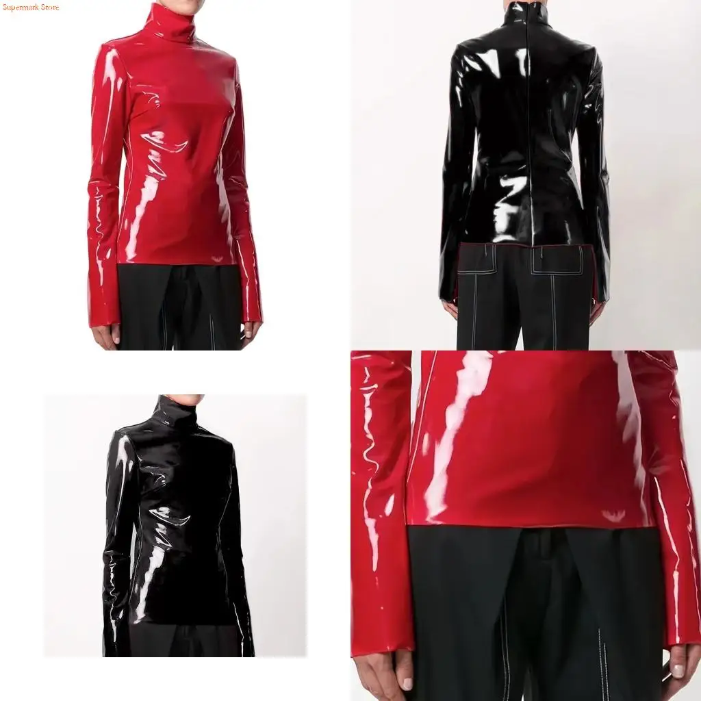 Q5WE Ethical PU Glossy Top High Neck Long Sleeve T-shirt Clothes for Fashion Women
