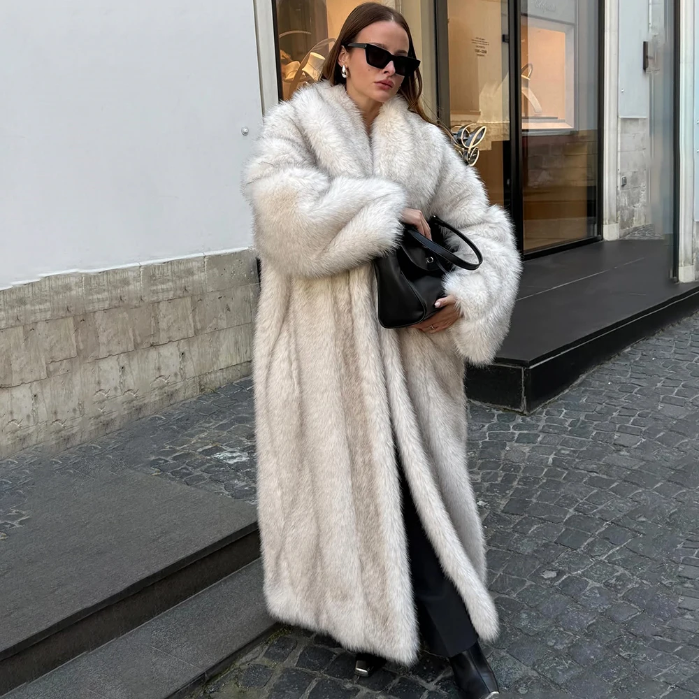 Tuularose2025 Winter Warm Fluffy Gradient Eco Fur Jacket Women Luxury Long Faux Fox Fur Coat Street Furry Outerwear Overcoat