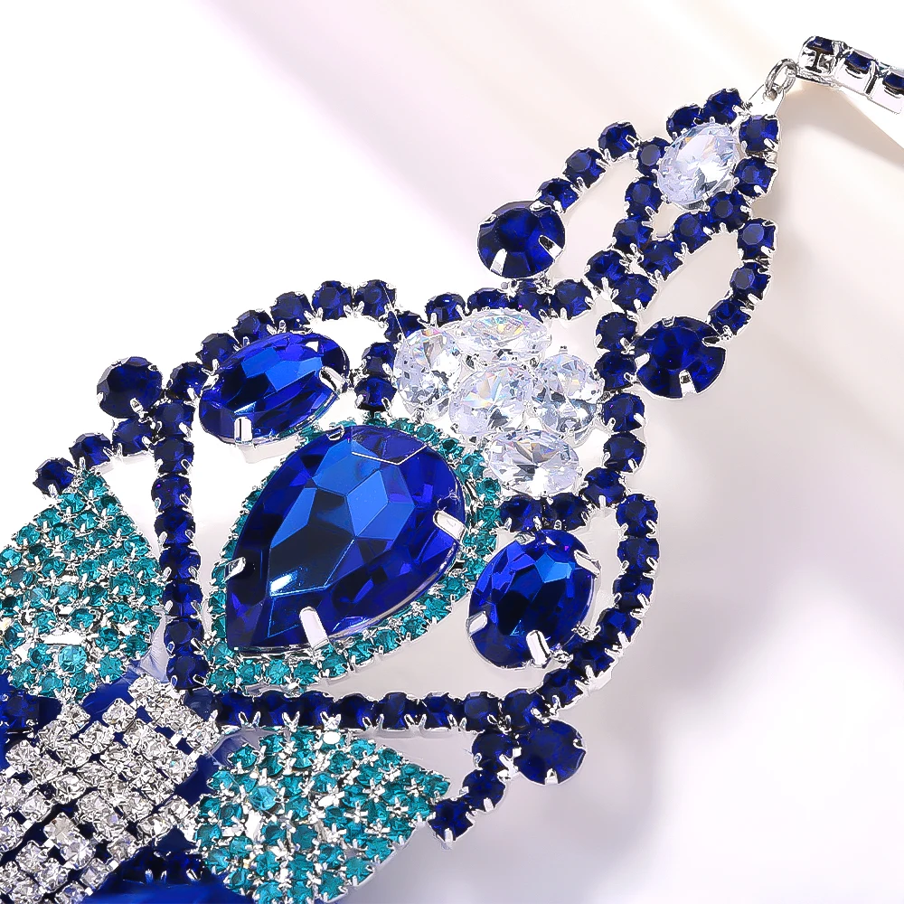 2024 Boho Blue Feather Tassel Earrings Dangle Woman Accessories Nightclub Sparkly Exaggerate Rhinestone Earrings Prom Jewelry