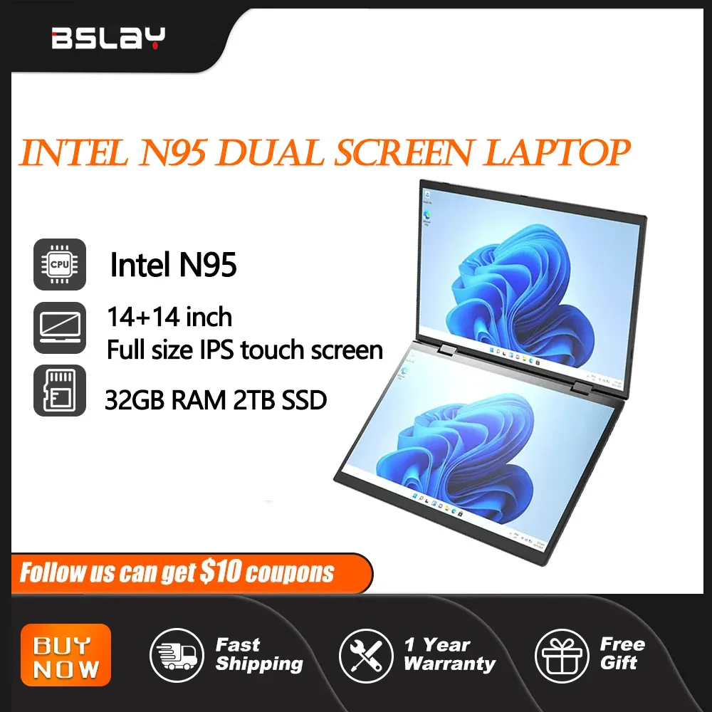 Double-Screen Tablet 14+14 Inch Intel N95 12th Laotop 32GB DDR4 2TB SSD 2m HD Camera 3.4 GHz Windows 11 Pro 360° Fold Notebook