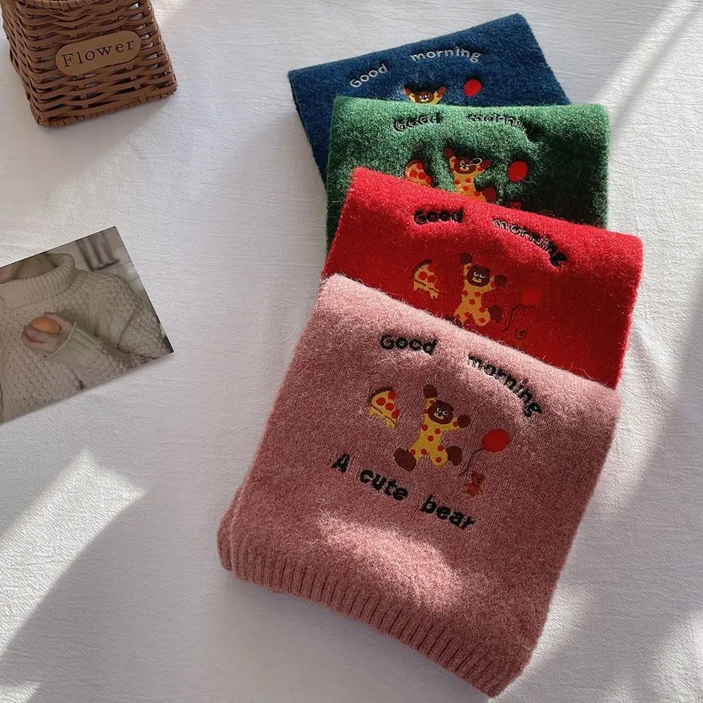 Simple Letter Wool Scarf Embroidered Bear Cashmere Knitted Scarves Warm Cute Embroidery Little Bear Shawl Girl