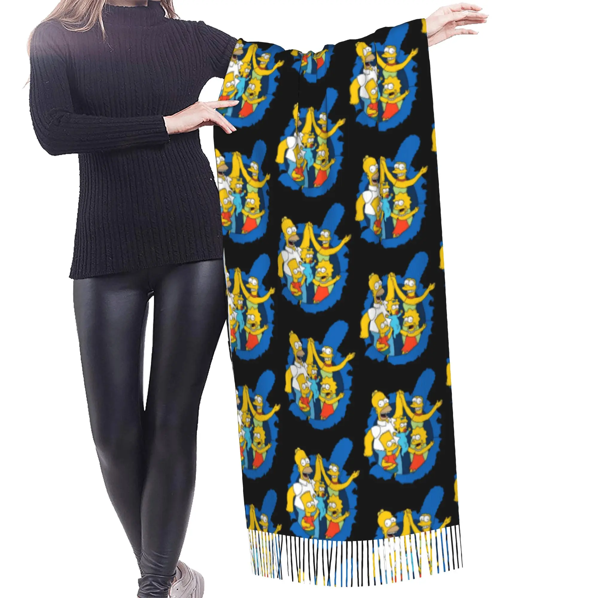 Custom S-Simpsonsed Anime Tassel Scarf Women Soft Homer Cartoon Shawl Wrap Lady Winter Fall Scarves