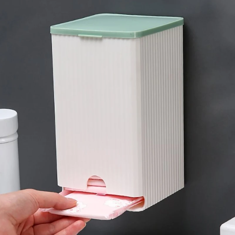 *1PC Wall Mounted Sanitary Napkin Storage Box Tissue Paper And Cotton Swab Storage Box Multifunctional Flip Cover Box