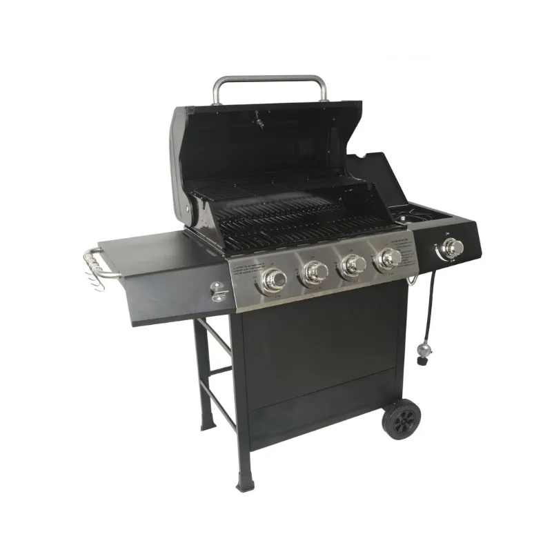 Outdoor Barbeque   Burner Propane Gas Grill for Barbecue Cooking with Top Cover Lid  Wheels  and Side Storage Shelves  Black