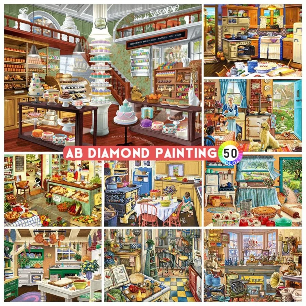 AB Diamond Painting 5D House Cake Study Dog Cat Landscape Cartoon Mosaic Rhinestone Art Cross Stitch Embroidery DIY Home Decor