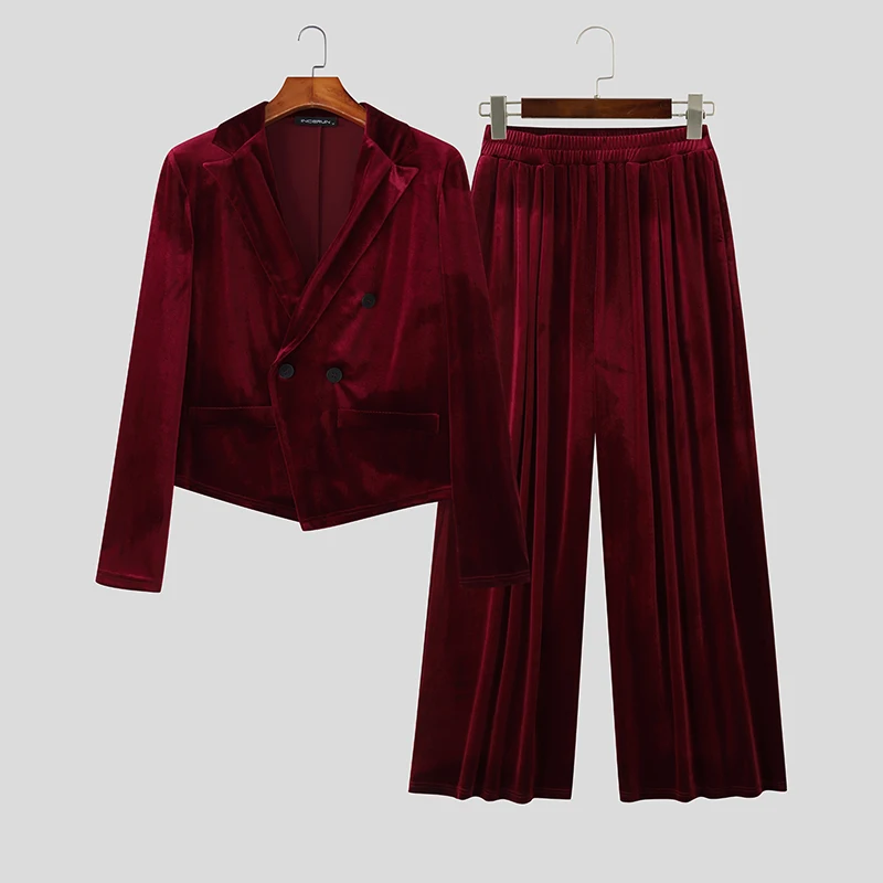 INCERUN-Conjuntos para hombre, chaqueta y pantalones de manga larga con solapa de terciopelo de Color sólido, conjuntos de dos piezas, ropa de calle, trajes informales elegantes a la moda para hombre