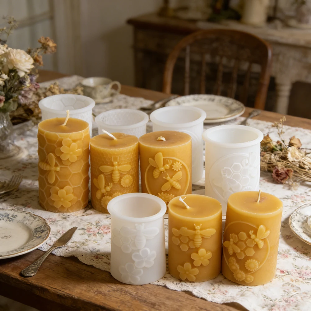 5er-Set Waben-Zylinder-Kerzen-Silikonform DIY Geprägte Bienen- und Blumen-Waben-Säulen-Duftkerzen-Gipsform Heimdeko