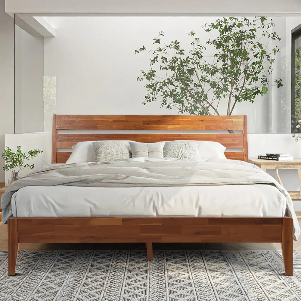 Acacia Emery King Bed Frame with Headboard, King Size Bed Frame with Headboard 800 lbs Capacity Natural Wood Bed All Mattress