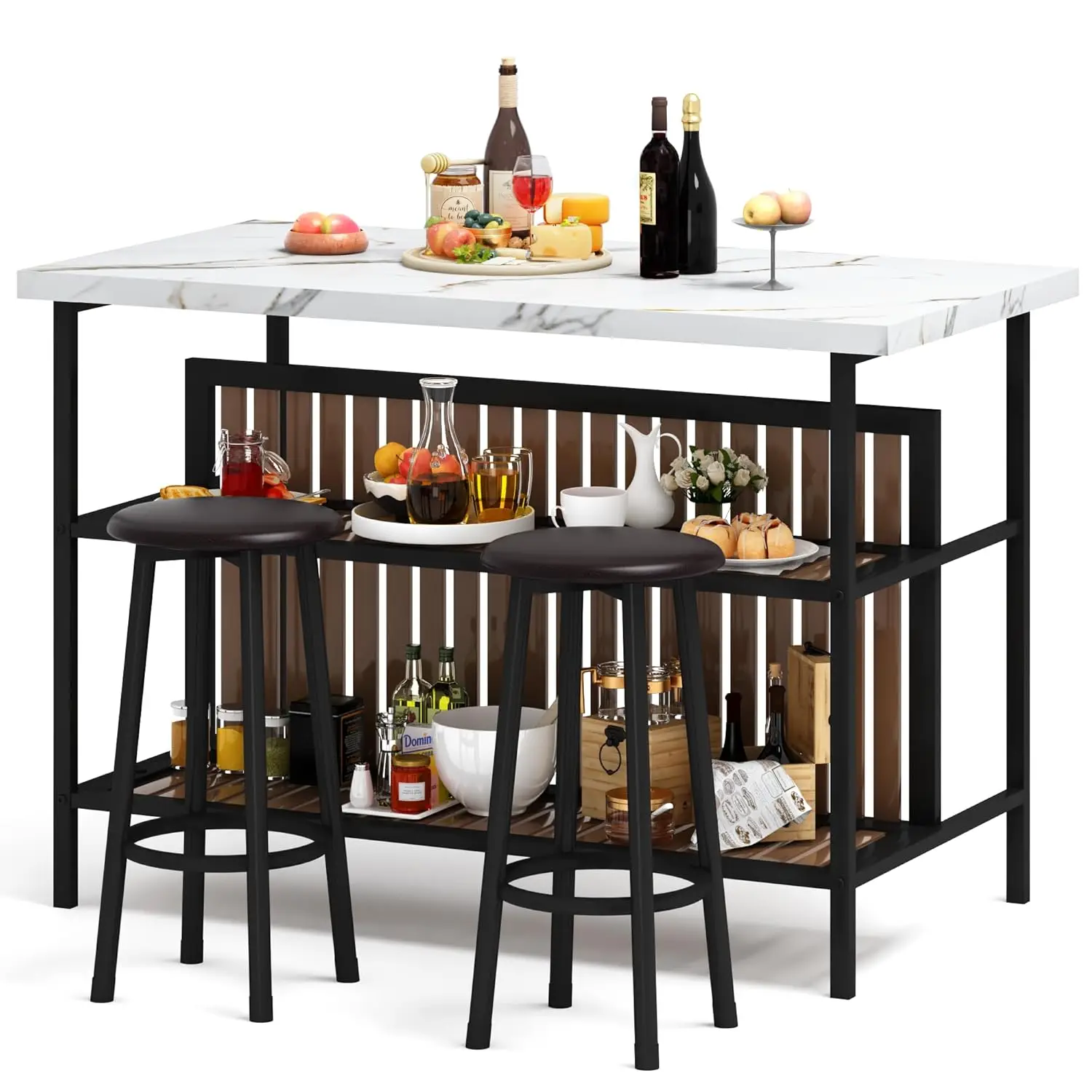 Kitchen Island with Stools & Storage, Modern Dining Table Set for 2, 3 Piece Kitchen & Dining Room Sets Island, Customized