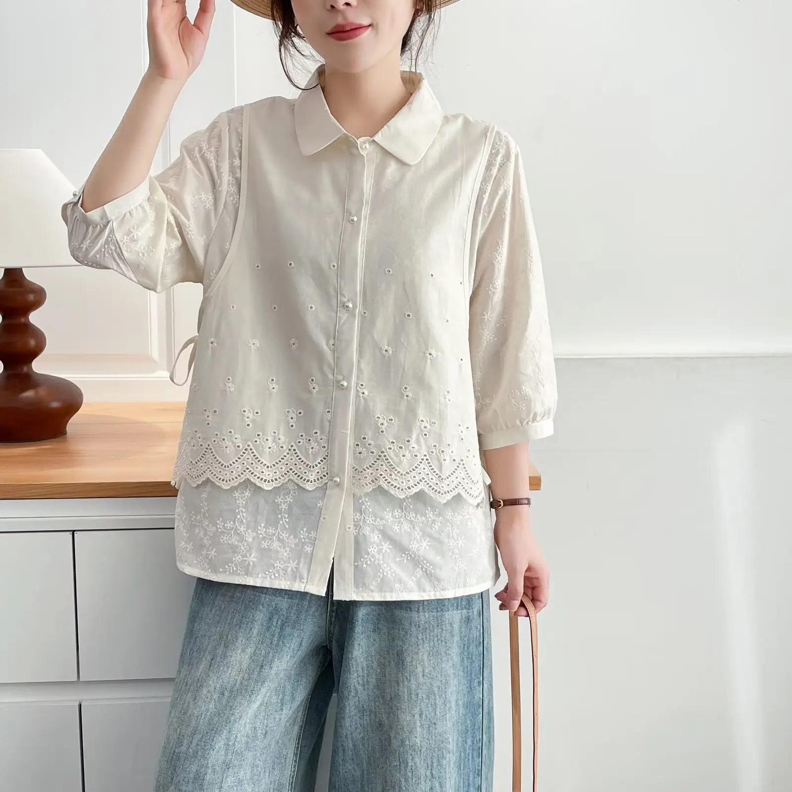 

Fashion Plus Size Women's Blouses Autumn New mid-length three-quarter Sleeve Embroidered Cotton Fake two-piece Shirt 8311