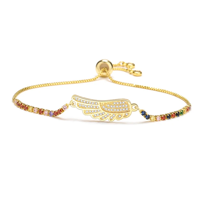 Cubic Zirconia Crystal Angel Wing Lucky Charm Bracelet Women Girl Shiny White CZ Zircon 4mm Beaded Adjustable Chain Jewelry Gift