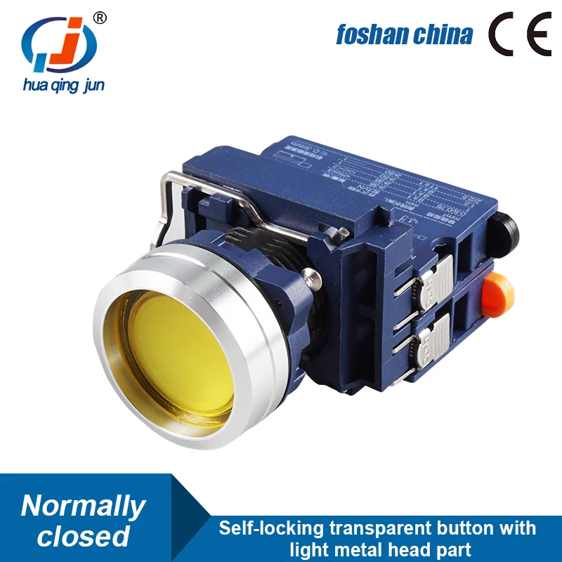 Huaqingjun Transparent Button Red Green Yellow Led Metal Self-locking NC Push Button Switch for Relay