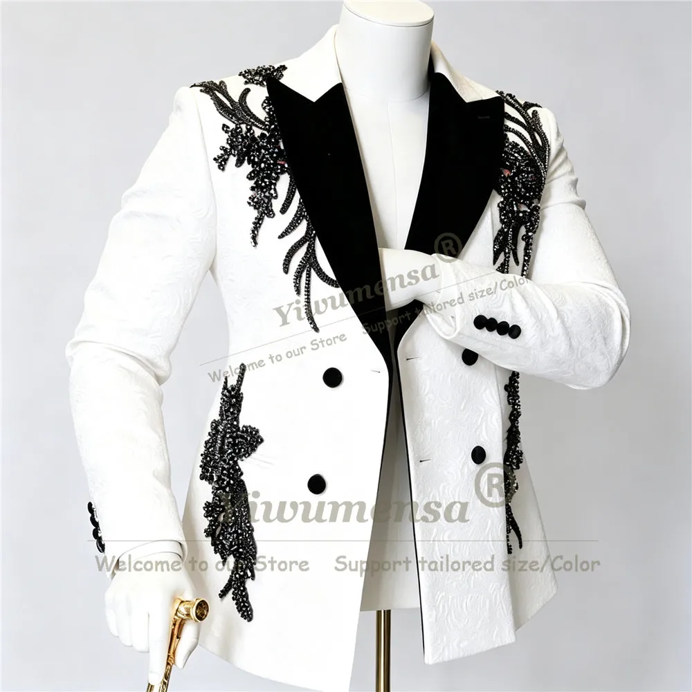 Exclusive Jacquard Men's Tuxedo Suit Black Beading Sequin Appliques Prom Blazer Pants 2 Piece Sets Groom Attire Terno Masculinos