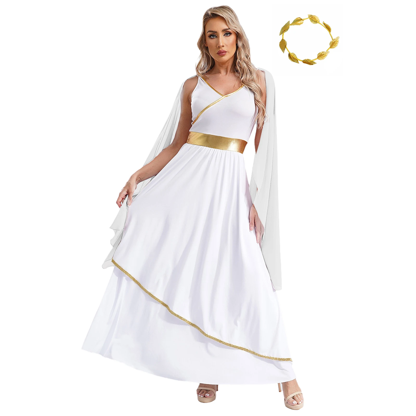 Women Halloween Ancient Greek Roman Queen Princess Cosplay Costume Sleeveless Gold Trim Toga Dress with Artificial Leaf Headwear