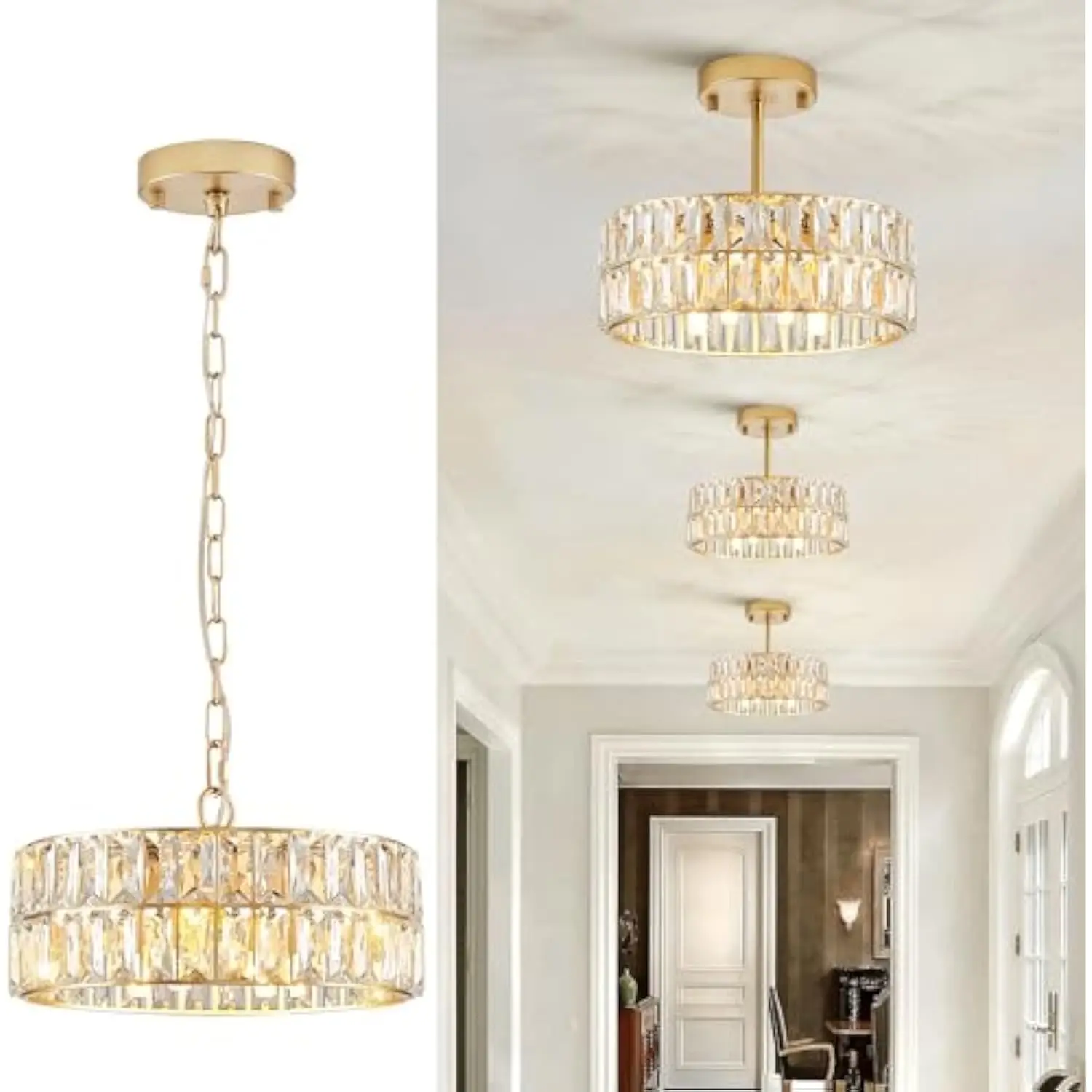 

Gold Crystal Chandeliers, Modern Semi Flush Mount Chandelier 4-Light Drum Crystal Ceiling Pendant Light Fixture 12” for Foyer En