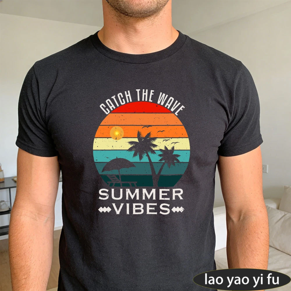Summer Beach Sunset Palm Tree Men T-Shirt Cotton Short Sleeve Casual Fashion Top for Vacation Gift Wear Summer Vacation Tshirt