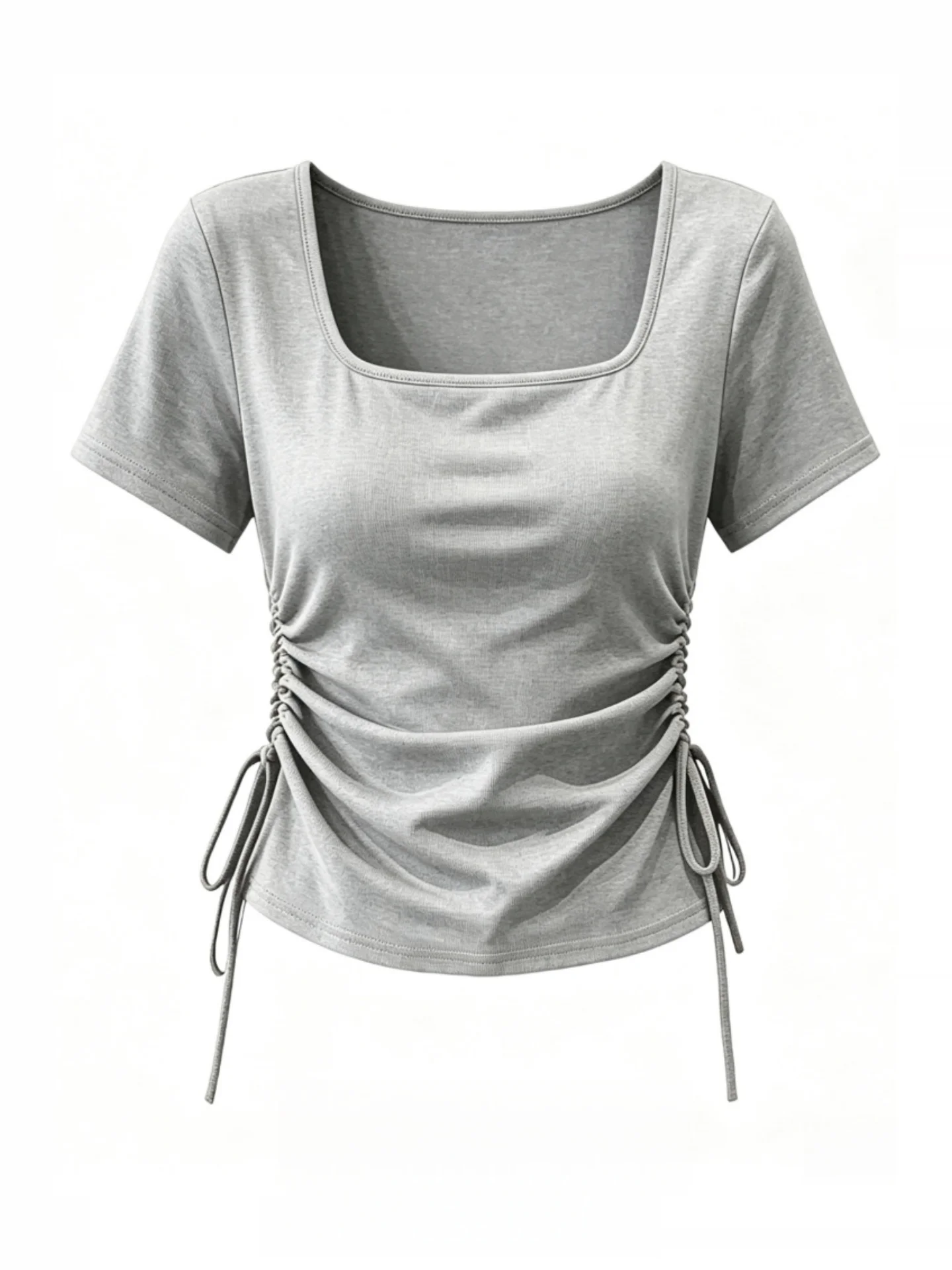 

Summer Women's T-Shirt 95 Cotton Pumpkin Color Drawstring Waist Slimming Short Sleeve Square Collar plus Size Home Clothes