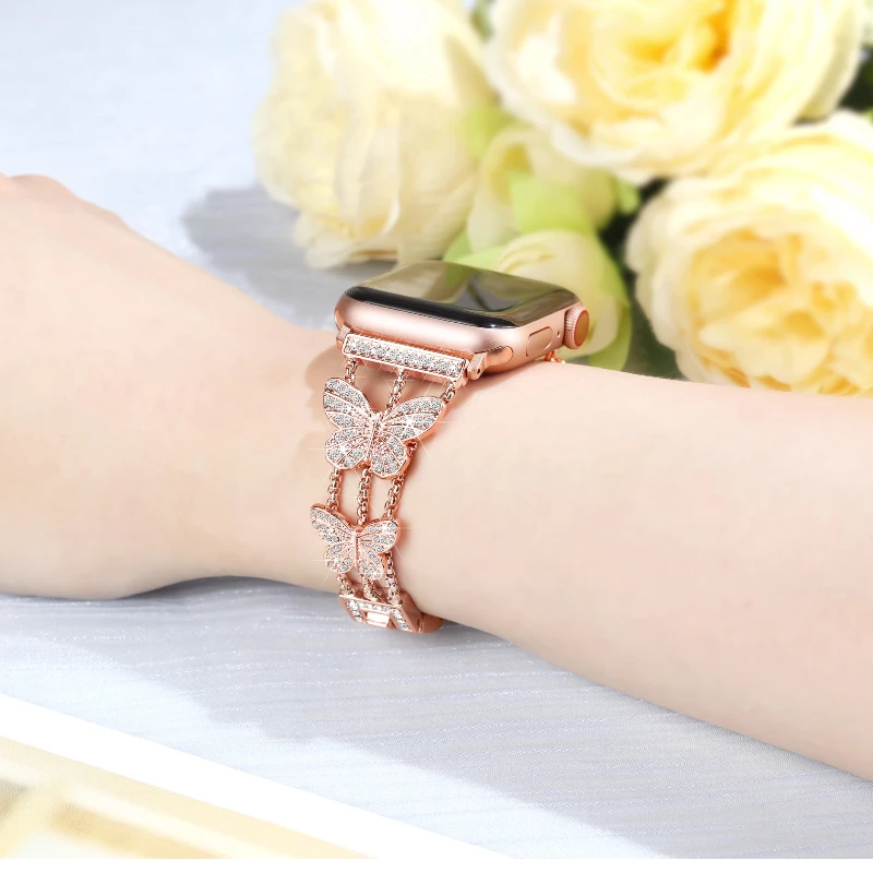 Correa elegante de mariposa con diamantes para Apple Watch Band 42mm 46 38 40 44 41 45 49mm pulsera de mujer iWatch Series Ultra 10 9 8 7 6