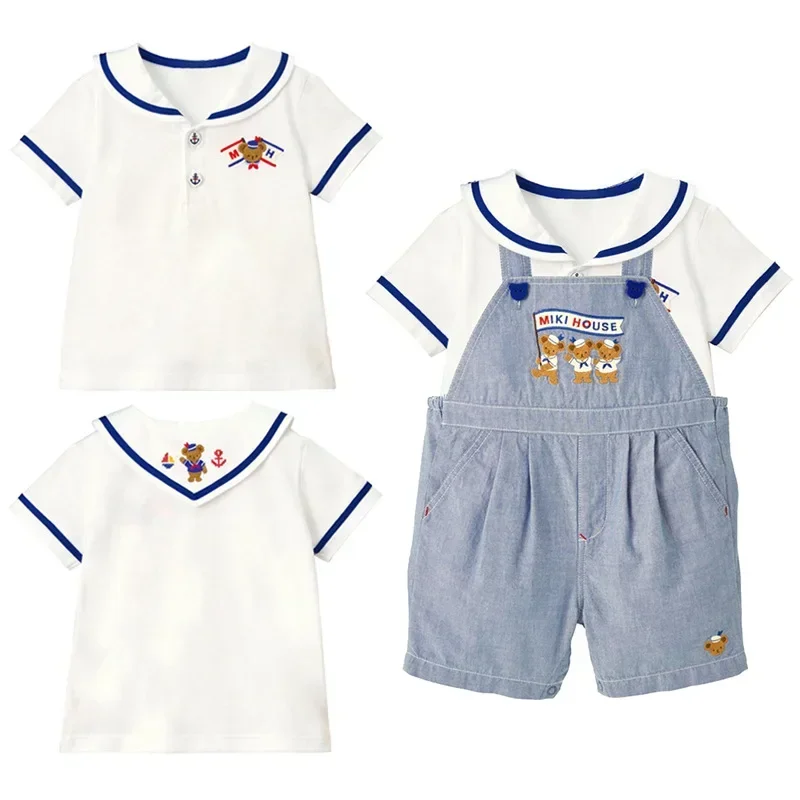 

Cute Children's Clothing 2023 New Unisex Cartoon Bear Letter Embroidery Navy Collar Short Sleeve Shirt Underneath