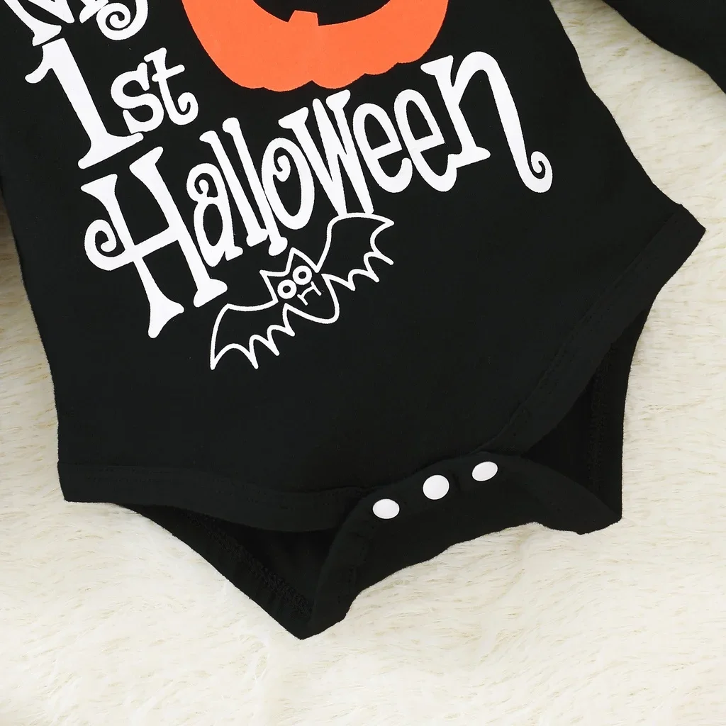 0-18 Months Newborn Baby Girl Halloween 2PCS Clothing Set Pumpkin Long Sleeve Bodysuit+Skull Pants+Headwear Holiday Outfits  ﻿