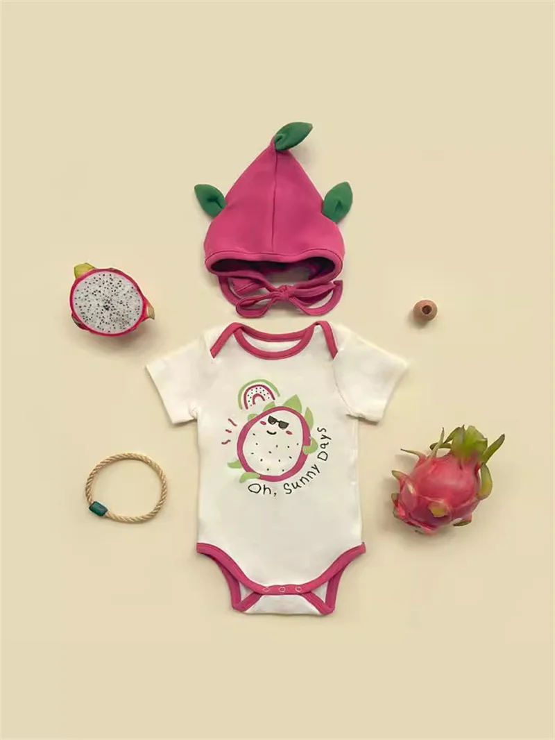 Funny Pitaya Print Baby Clothes Rompers For Boys Girls Cotton Short Sleeves Bodysuit Cartoon Child Jumpsuits  Clothing With Hat image 5