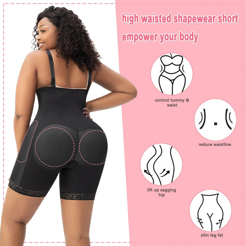 Compression Tummy Control Body Shaper Women 4pcs Removable Padded Butt Lifter Shapewear Shorts Fajas With Open Crotch Design