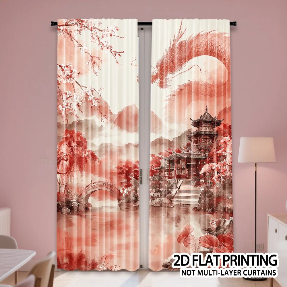 Chinese Dragon Curtain, Red Ink Landscape Window Drape, Oriental Pagoda Blackout Panel, Living Room Bedroom Home Decor