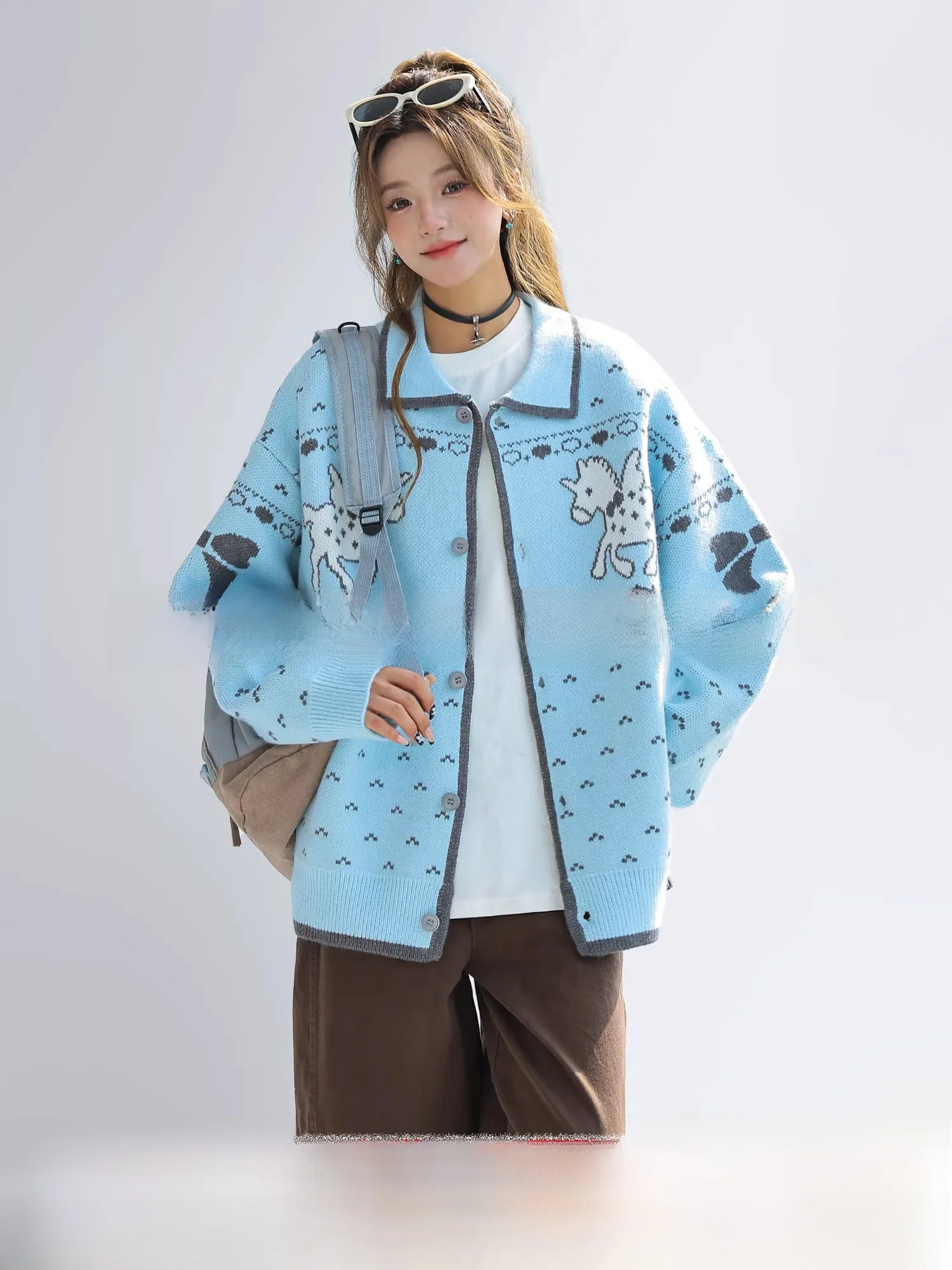 

Женский длинный вязаный свитер-кардиган Chant2nd с вышивкой оленя и отложным воротником, повседневная теплая теплая верхняя одежда