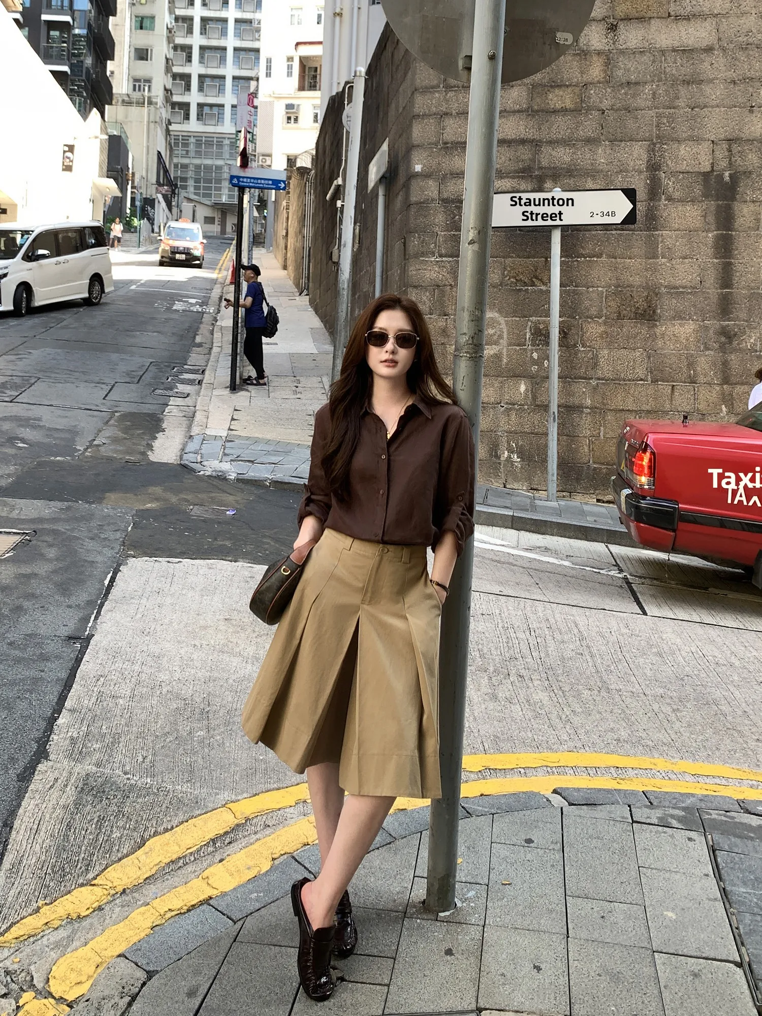 Pusumede Caramel Autumn Color High Waist A-Line Pleated Skirt Loose Casual Women's Five-Quarter Length Pants Skirt