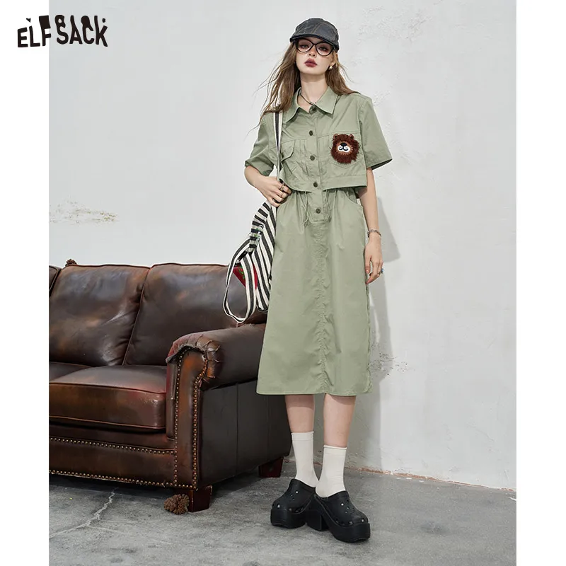 2024 Summer ELFSACK New Arrivals Work style shirt dress, women\'s casual waist cinched loose dress