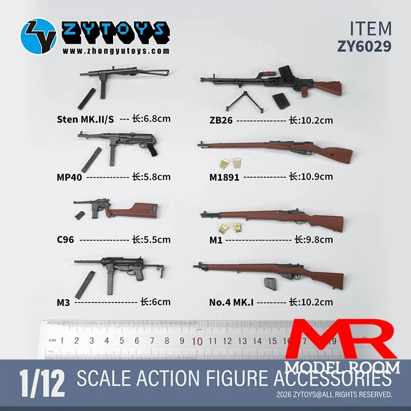 ZYTOYS ZY6029 1/12 Scale MP40 M1891 C96 ZB26 M3 M1 Sten MK.II No.4 MK.1 Gun Model Soldier Scene Fit 6 inch Action Figure Body