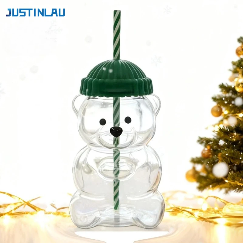 JUSTINLAU Bär Glas Tasse mit Strohhalm und Deckel Kaffeetasse Niedliche Cartoon Kreative Glas Saft Tasse Teetasse Trinkgeschirr Geschenk Kaffeetassen